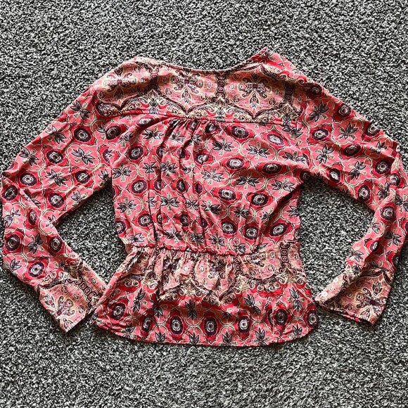 Free People Womens Large Red/Pink Floral Boho Vneck Blouse - Picture 4 of 7